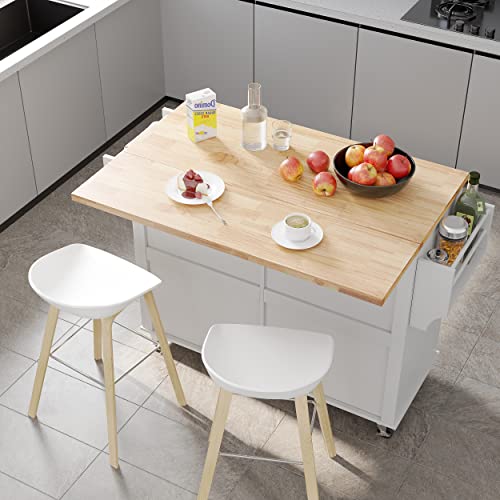Kitchen Cart with Wood Top and Drop Leaf Breakfast Bar, Rolling Mobile Kitchen Island Table on Wheels with Drawer and Storage Cabinet, Spice Rack