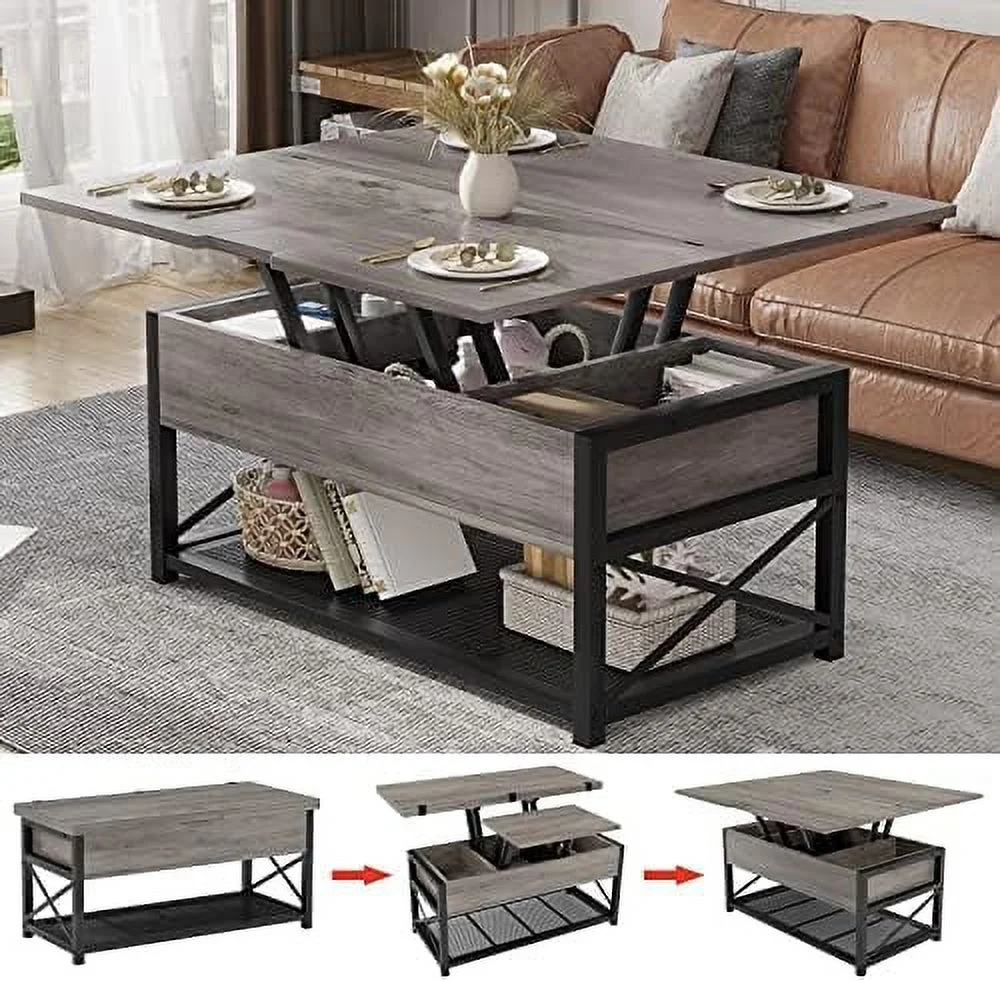 43" Lift Top Coffee Table  3 in 1 Multi- Small Coffee Table with  for Living Room  Dining Reception Room  Grey