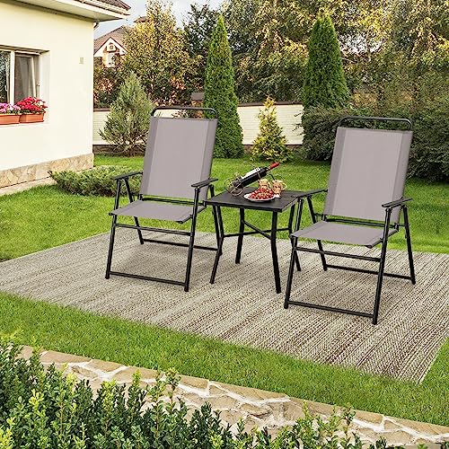 Patio Chairs, Portable Folding Chairs for Outside w/Metal Frame & High Back Support, Camping Chairs with Armrest
