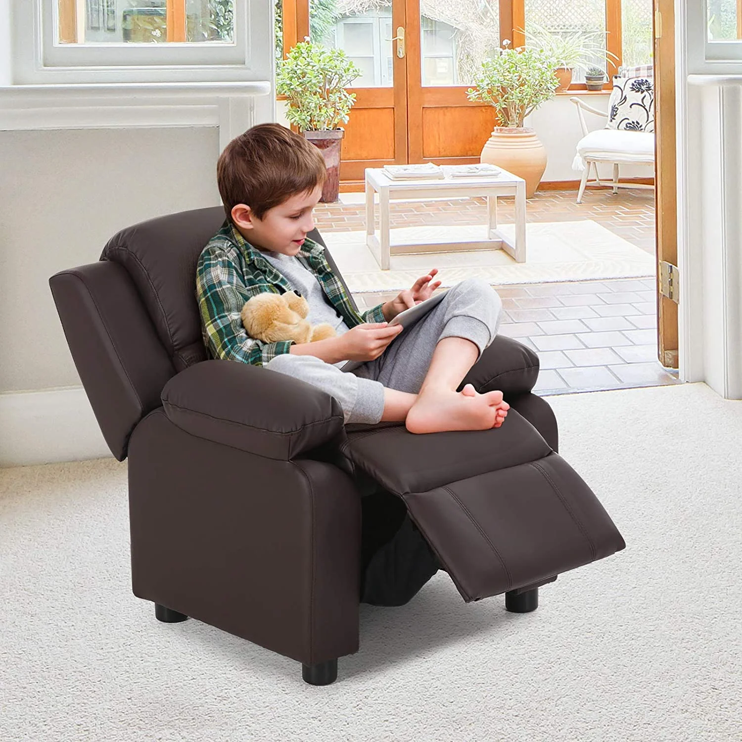 Kids Recliner, Leather Recliner Chair w/Footrest, Armrest Storage, Headrest & Lumbar Support, Ergonomic Lounge Chair for Living & Gaming Room