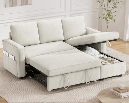 81" Sleeper Sofa Bed with Pull Out Bed, L Shaped Couch Sectional Sleeper Sofa, Pull Out Couch with Reversible Storage Chaise, Side Pockets