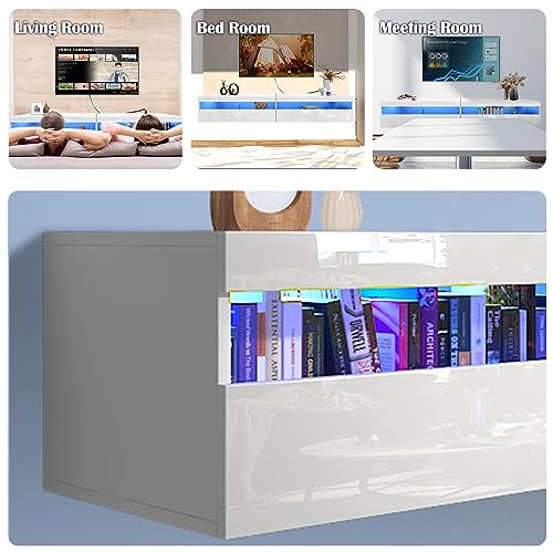 Floating TV Stand, 71" Floating entertainment center wall mounted,Floating Wall Mounted TV Shelf with Led Lights and Power Outlet