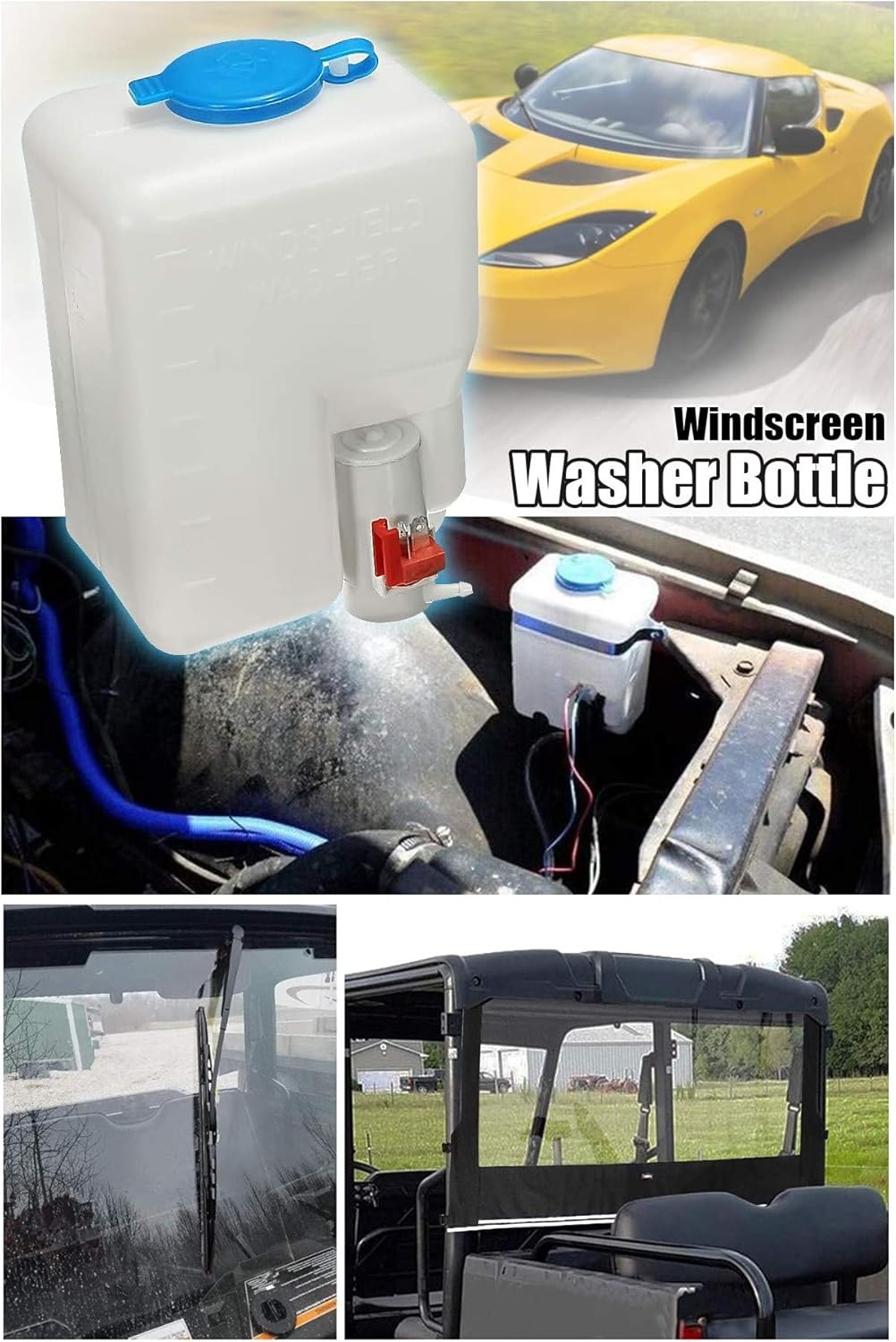 Universal 12V Electric Motor UTV Windshield Wiper Kit w/Windshield Washer Pump Kit Fit Hard Coated or Glass Windshields Polaris RZR Ranger etc.