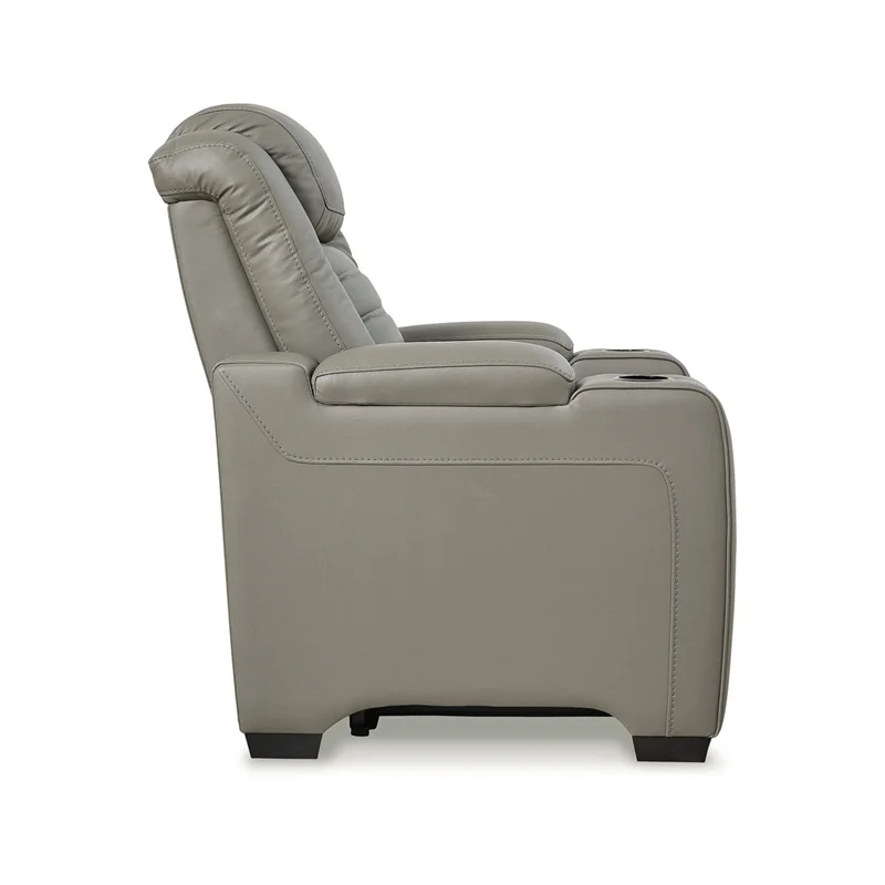 Ashley Furniture Backtrack Leather Power Recliner with Headrest in Light Gray