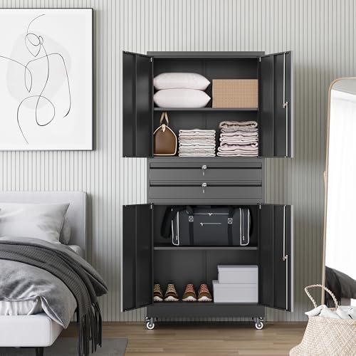 Letaya Metal Garage Storage Cabinet with Drawer,4 Door Tool Cabinet with Lock-2 Adjustable Shelves for Garage Home Office Utility Room (Black)