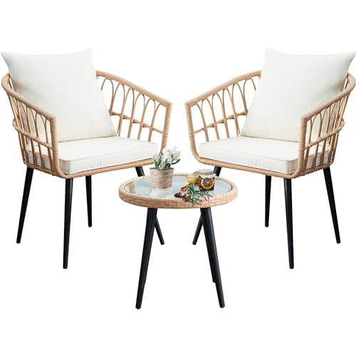 3 Pieces Patio Bistro Set, Outdoor Wicker Table and Chairs Set of 2