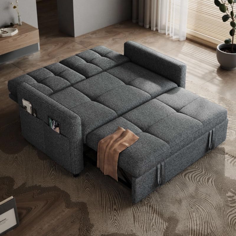 DWVO 55" Convertible Sofa Bed, 3-in-1 Sleeper Sofa with Pull-Out Bed, Linen Futon Couch with Adjustable Backrest and Side Pocket