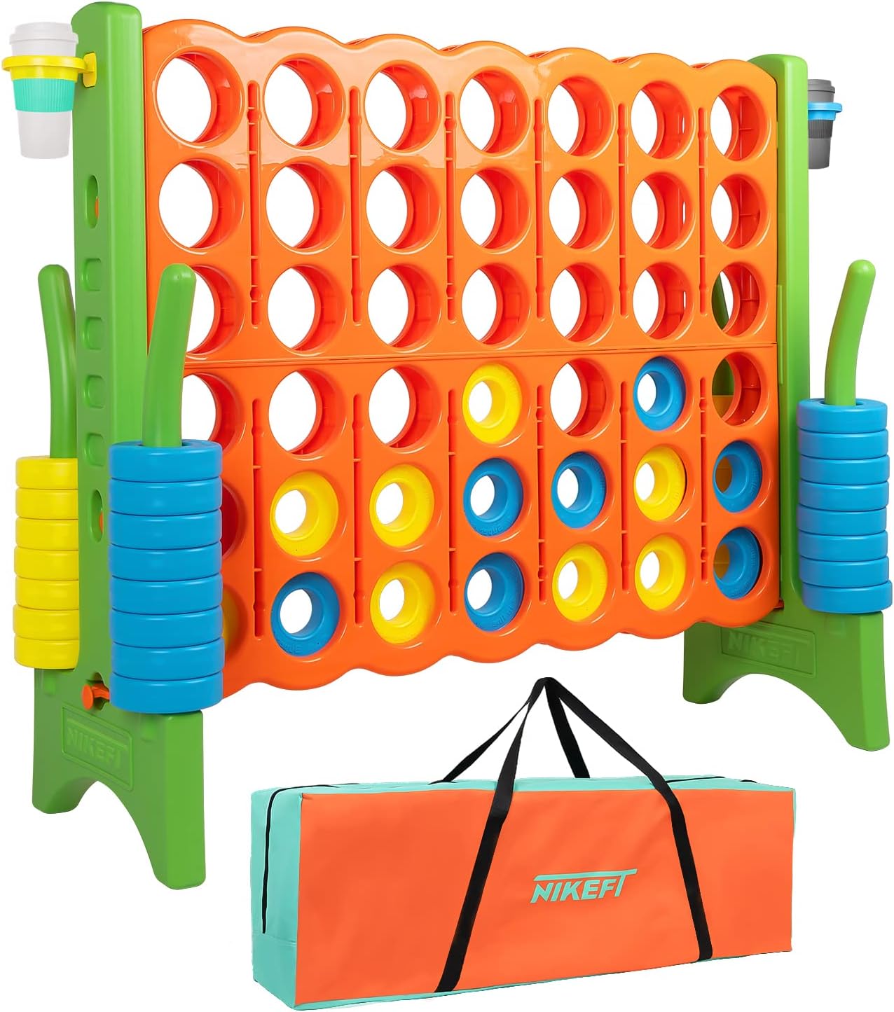 Oversized 4-to-score Jumbo connect in-a-row game Carry Bag Included,48”Giant plastic connect game set for Adults with cup holder,46 rings for kids