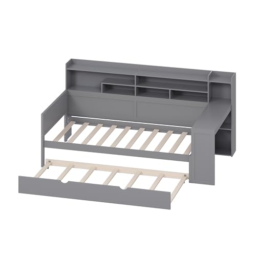 Corner Twin Bed Frame with Bookcase Storage and Desk, Wood Day Beds with 2 Drawers, Twin Size Daybed with Storage for Living Room