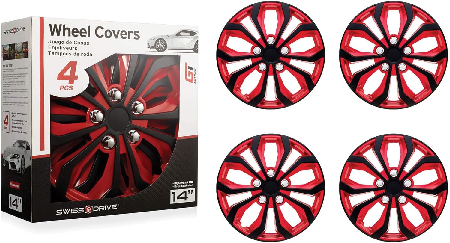 Swiss Drive Hubcaps 16 Set of 4 -Luxurious Red and Black Design – Durable and Reliable