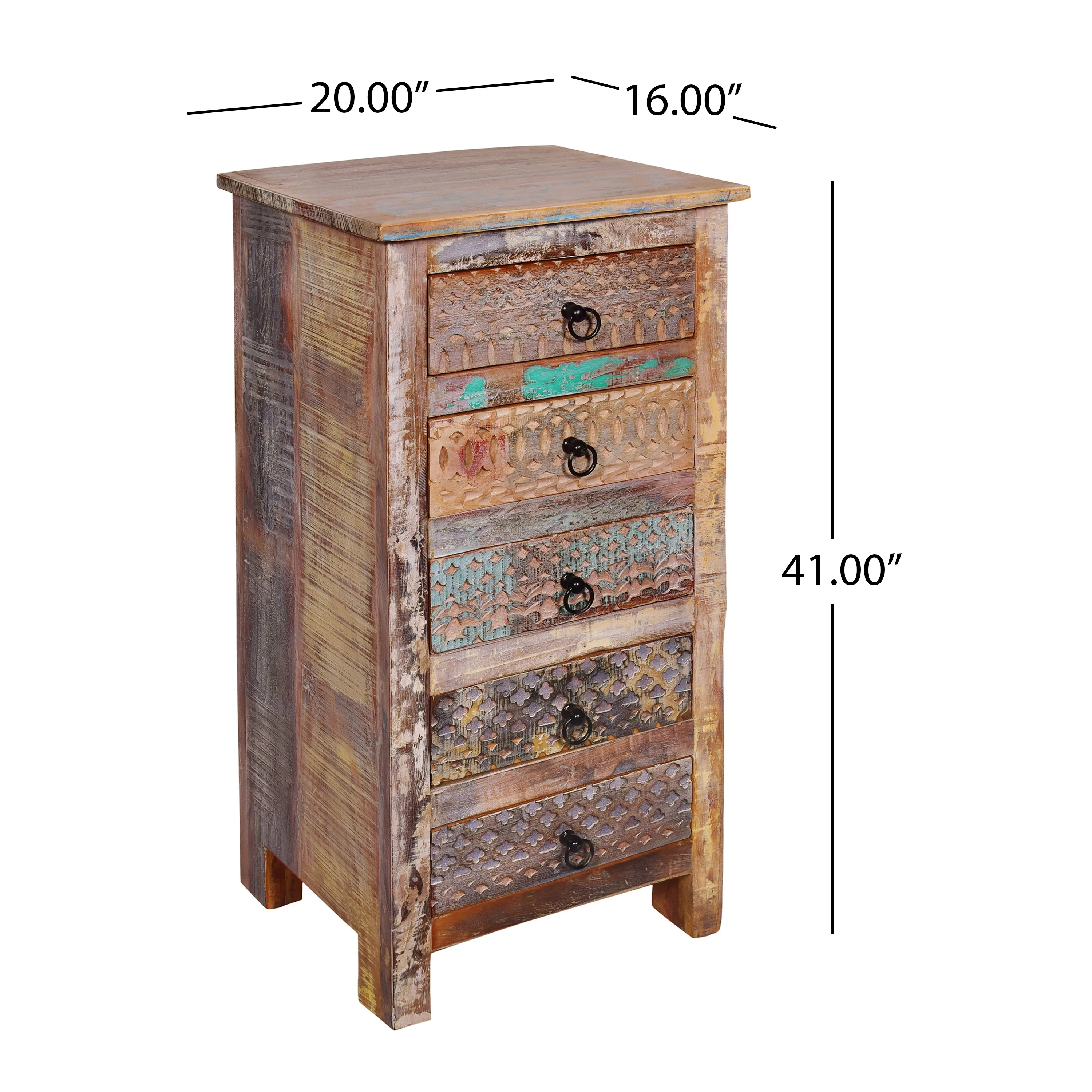 GDF Studio Willards Boho Handmade Wood 5 Drawer Chest, Multicolored and Natural