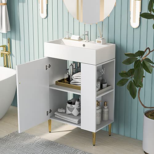 22" Small Bathroom Vanity with Sink, Bathroom Vanity Cabinet with Ceramic Vessel Sink Left Side Storage, Single Sink Vanity with Top