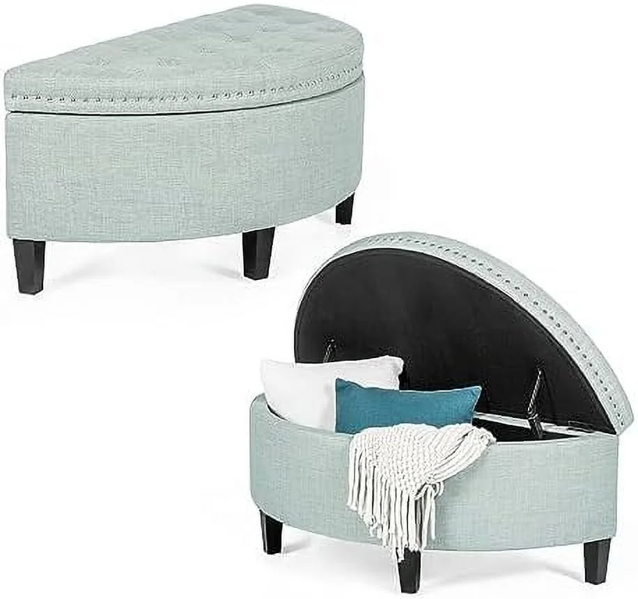 TJUNBOLIFE Bench PU Leather Half  Button Tufted  Ottoman with   Coffee Table for Living Room Bedroom Entryway (Grey)