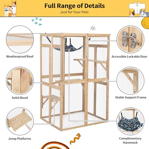 COZIWOW Catio Outdoor Cat Enclosure Window Access, Wooden Cat House Shelter, Kitty Cage with 3 Platforms for Patio Indoor (White)