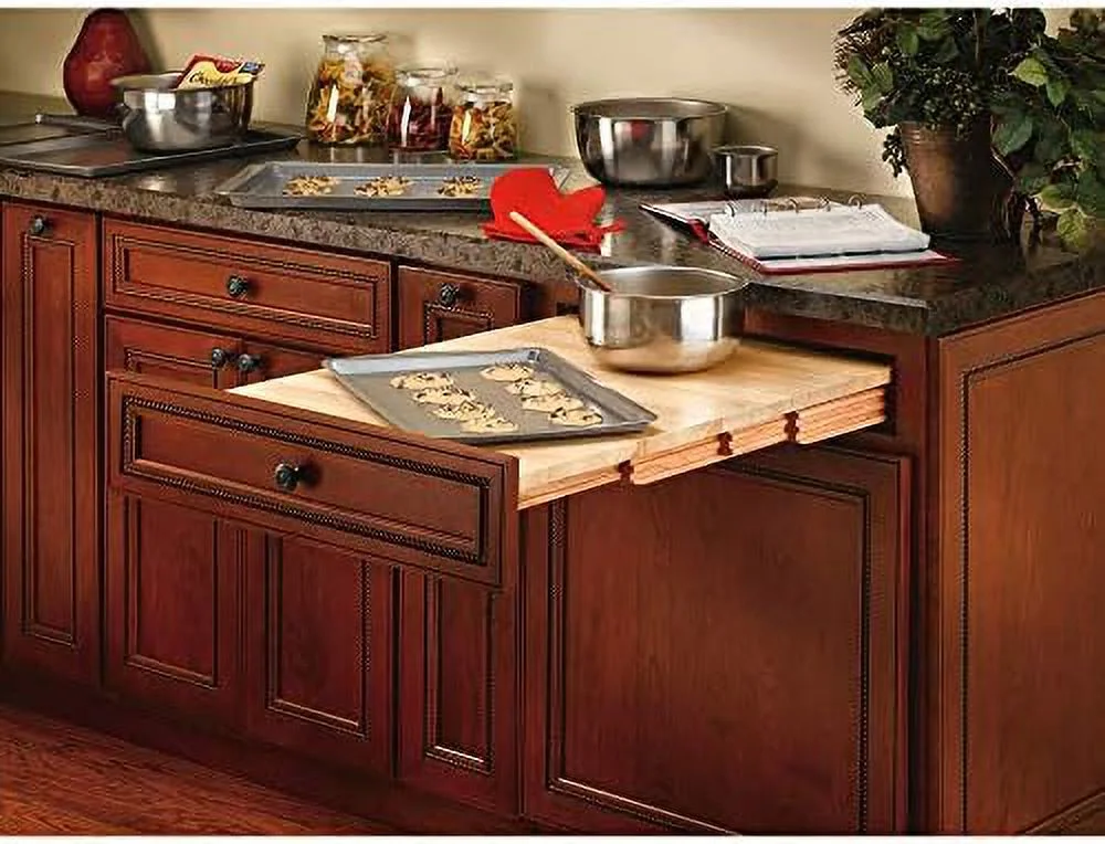 TJUNBOLIFE 31.75" Pull Out Tambour Table/ Counter Extension Top for 21.77" Drawers  Sliding Kitchen Cabinet    Maple Wood  4TT-2133-1