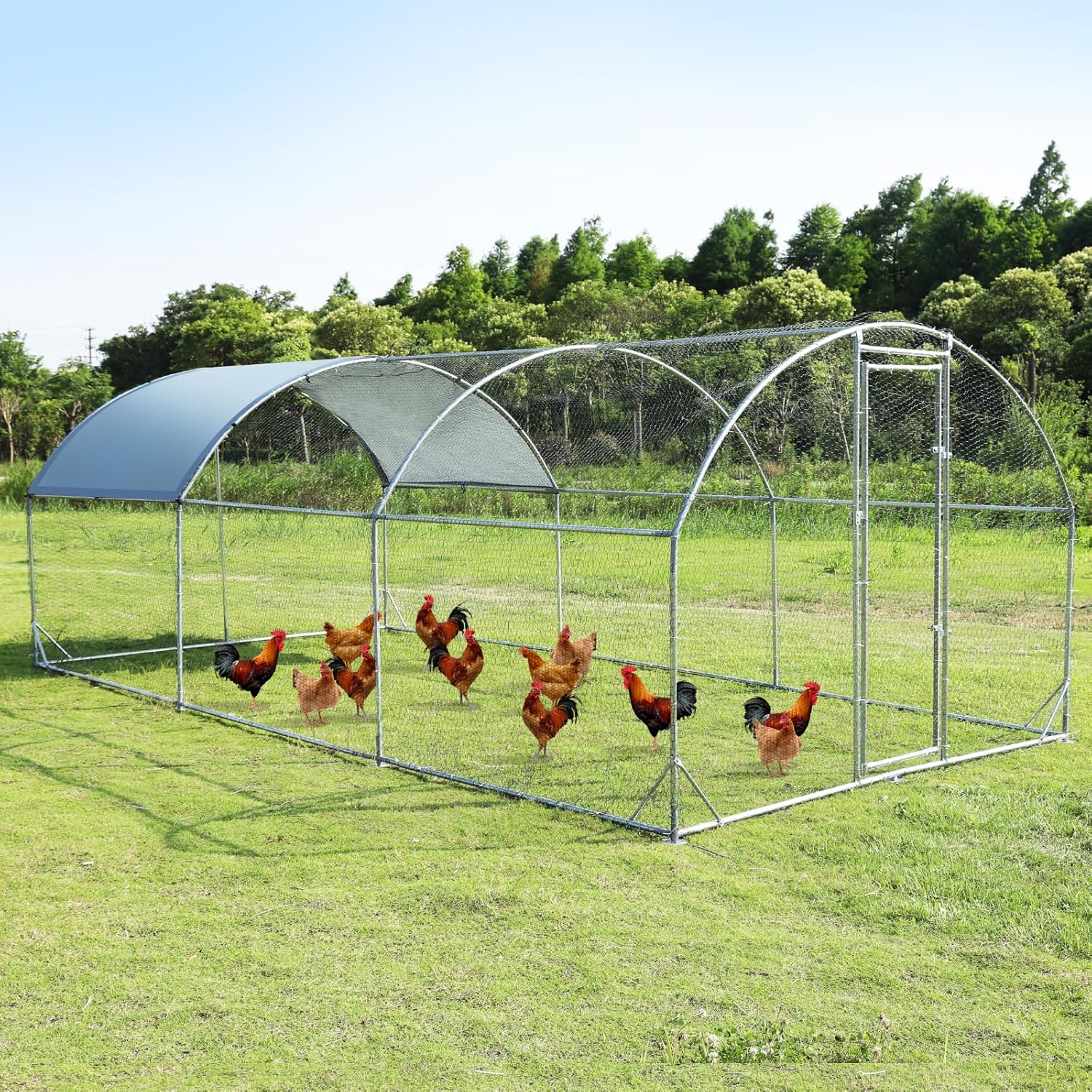 Large Metal Chicken Coop Walk-in Poultry Cage Chicken Run Pen Dog Kennel Duck House with Waterproof and Anti-Ultraviolet Cover for Outdoor Farm