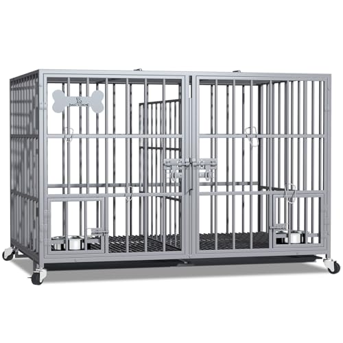 aboxoo 42/48 inch Heavy Duty Metal Dog Crate for 2 Dogs/Large Dog,All Metal Open Top,Dog Kennel Indoor with Wheels,Floor Grid, Tray