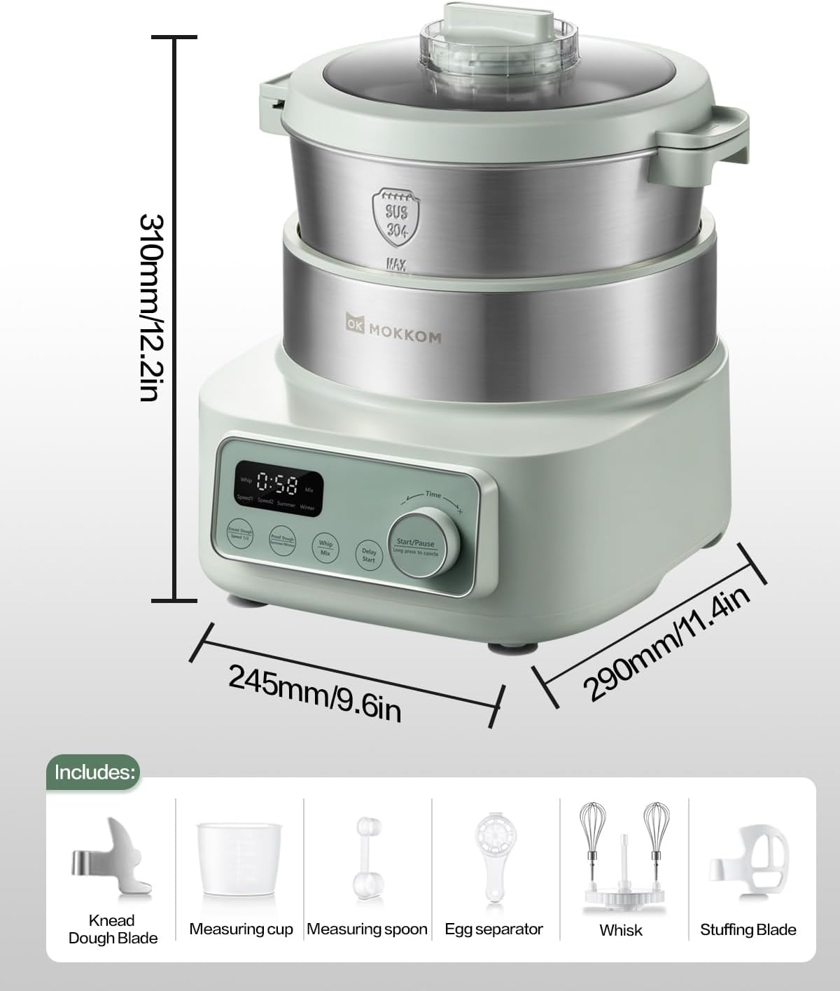 Electric Dough Maker with Proof Dough Function, Microcomputer Timing, 4.5Qt 304 Stainless Steel Bowl, Dough Mixer with Stuffing Blade, Green