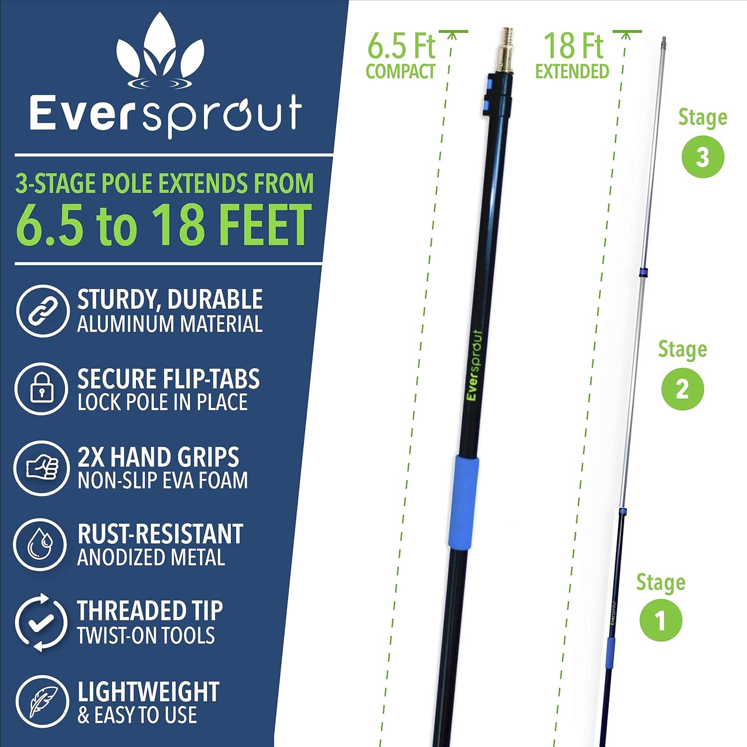EVERSPROUT 7-to-20 Foot Extension Pole Total Kit (25+ Ft Reach) | Telescopic Pole, Scrub Brush, Light Bulb Changer, Hook, Swivel Squeegee