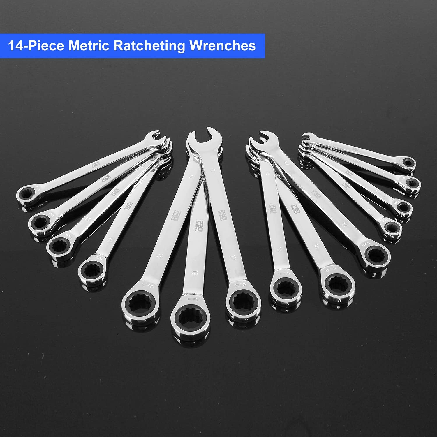 PROSTORMER 14-Piece Ratcheting Wrench Set, 6-19mm Metric Chrome Vanadium Steel Ratchet Wrenches