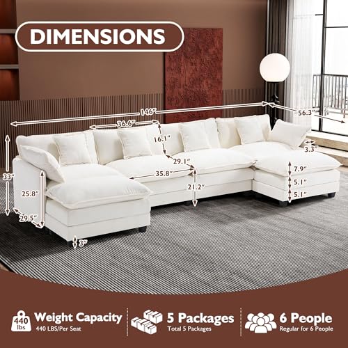 Ihanherry 111.4" U Shaped Modern Cloud Sofa Modular Sectional Couch with 2 Ottoman, 5-Seat Chenille Deep Seat Sofa with Pillow for Living Room