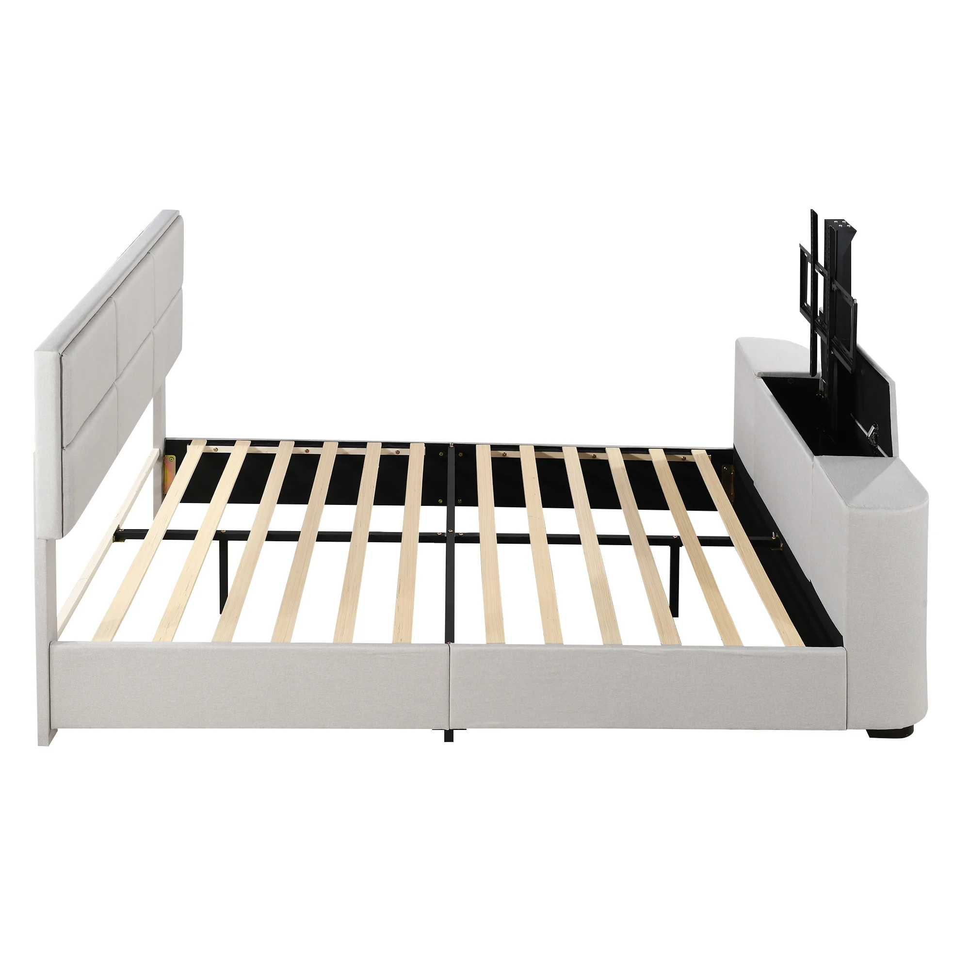 Euroco Upholstery Queen Size Platform Bed, Gaming Bed with Hidden TV Mount and Adjustable Headboard for Living Room, Beige
