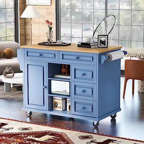 53.5''Farmhouse Kitchen Island with Power Outlet, Kitchen Storage Island with Drop Leaf, Spice Rack and Drawer, Rolling Kitchen Cart on Wheels
