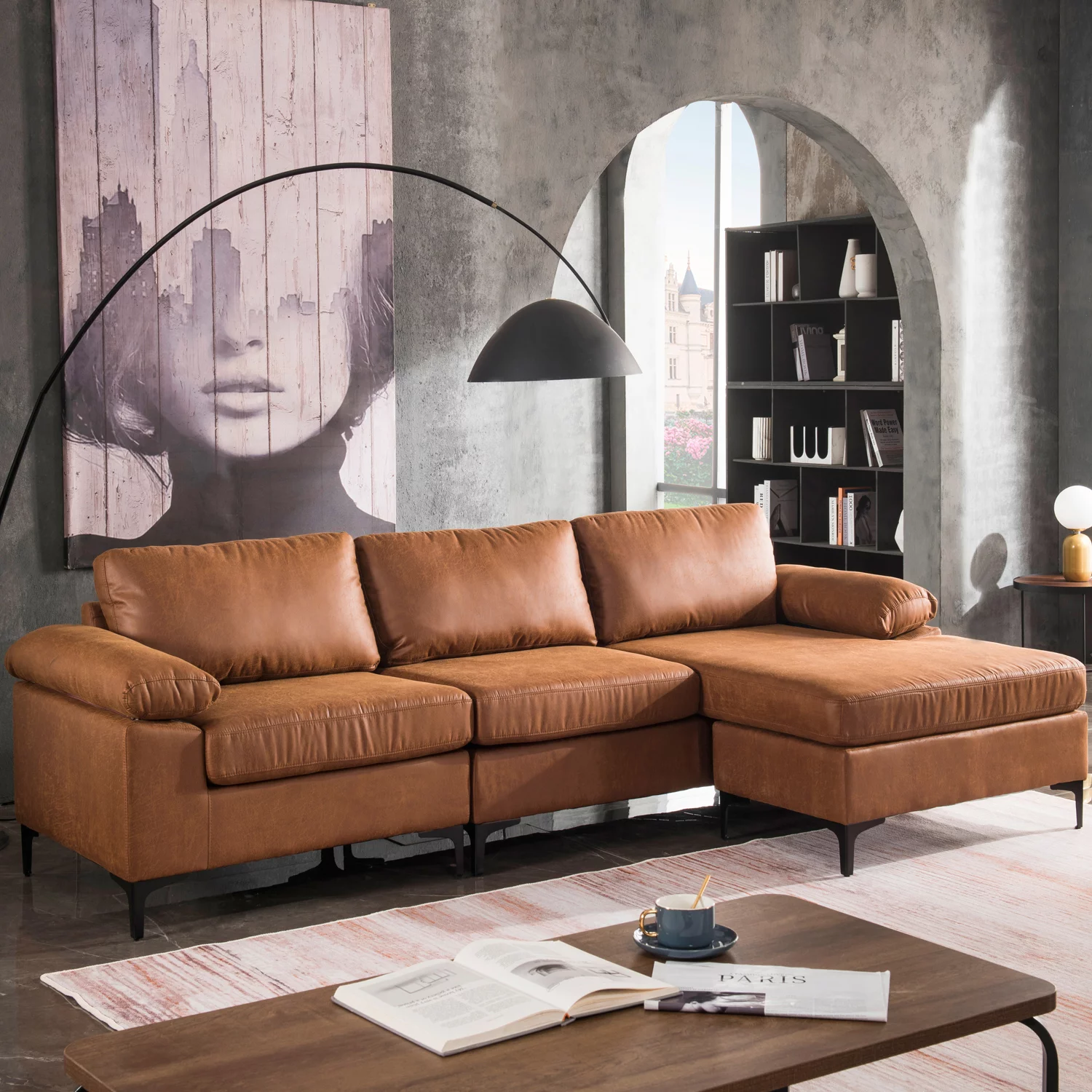 Ovios 100" Convertible Sectional Sofa,3-seat L Shaped Couch with Suede Fabric,Reversible recliner& Chaise for Small Space