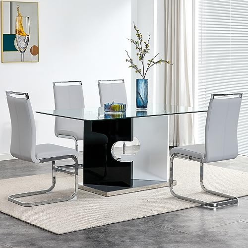 Glass Dining Table Set for 4,5 Piece Dining Table Set, Tempered Glass Table Top and Modern Design MDF Base with 4 PU Leather Ergonomic Dining Chairs