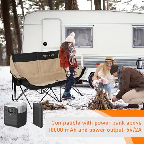 REALEAD Heated Double Camping Chair, 3 Heat Levels and 4 Heating Zones, Portable Heated Loveseat Chair for Outdoor Sports Support 650lbs