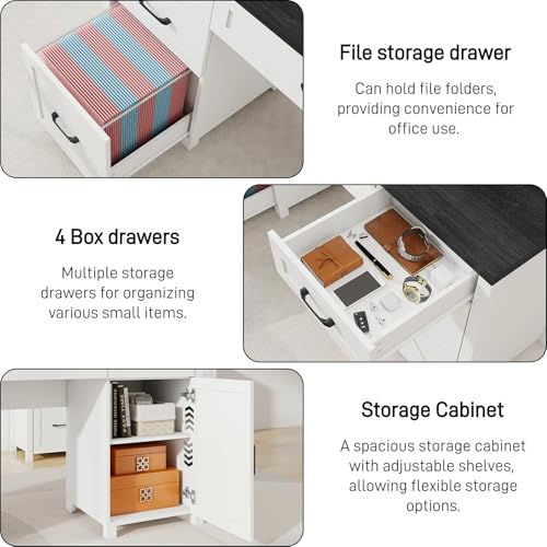 Farmhouse 61'' Executive Desk with 5 Drawers, Rustic Office Desk Computer Desk with Charging Station, File Drawers and Storage Cabinet