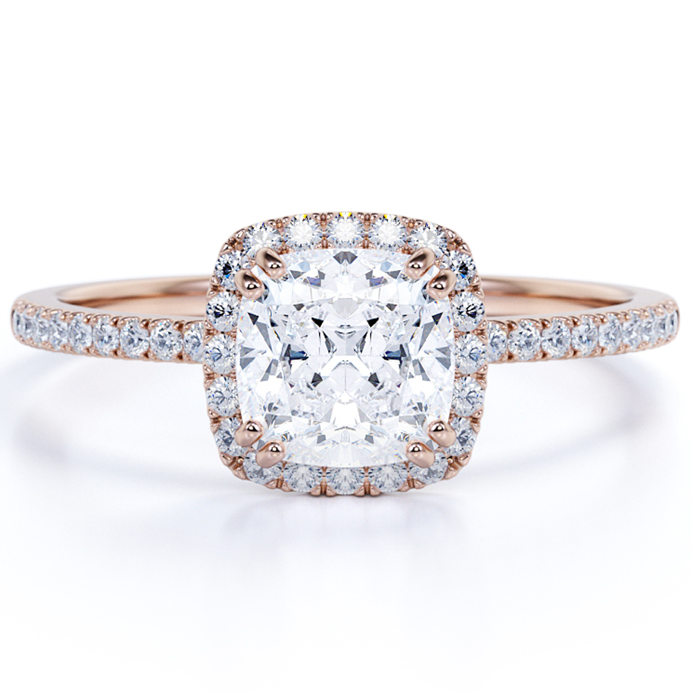 JeenMata 1.75 Carat Cushion cut Moissanite Halo Engagement Ring in 18k Rose Gold Over Silver
