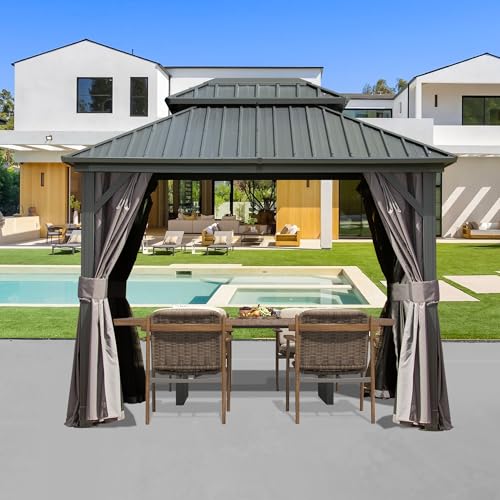 Domi 10' x 10' Hardtop Gazebo Outdoor Metal Gazebo with Galvanized Steel Double Roof Canopy, Curtains and Netting for Patio, Backyard, Deck