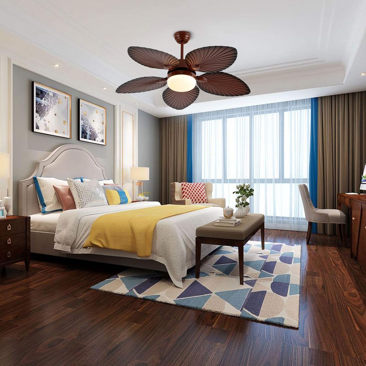 Ceiling Fan with Light, 42 Inch Tropical Coastal Indoor/Outdoor Ceiling Fan with LED Light and Remote Control, 3 Colors, 3 Speeds
