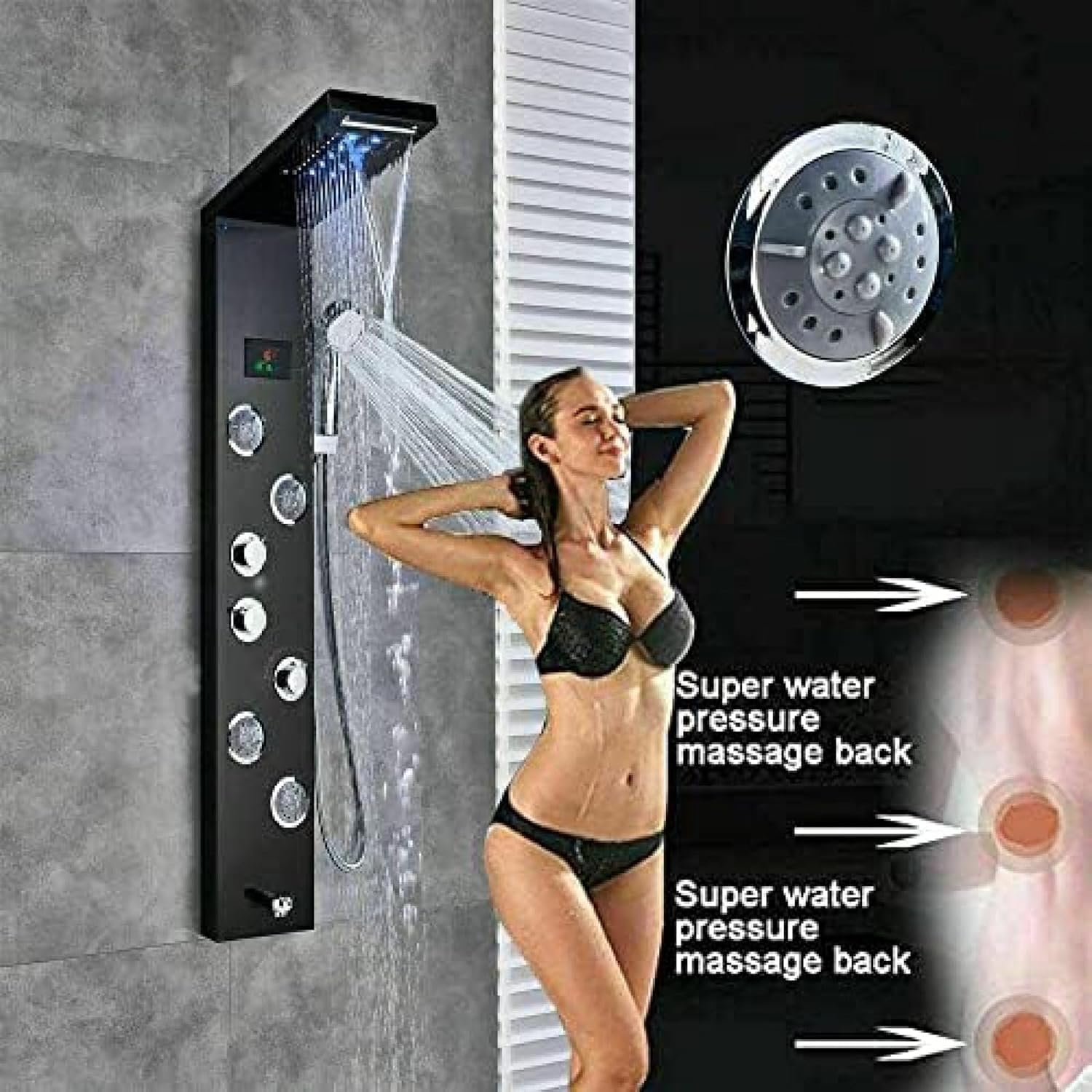 Shower System, Stainless Steel Shower Panel Tower Faucet LED Rainfall Massage System Nozzle Set-Black 9001