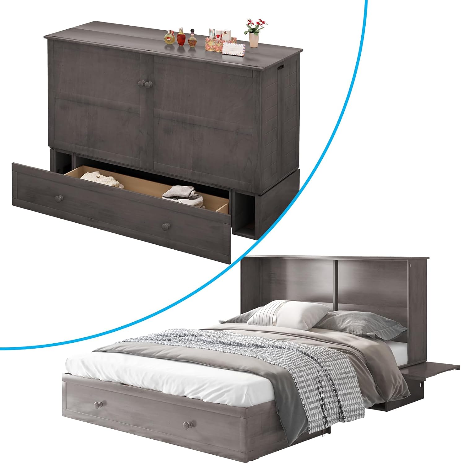 MUZZ Queen Size Cabinet Murphy Bed, Murphy Bed with Foldable Foam Mattress