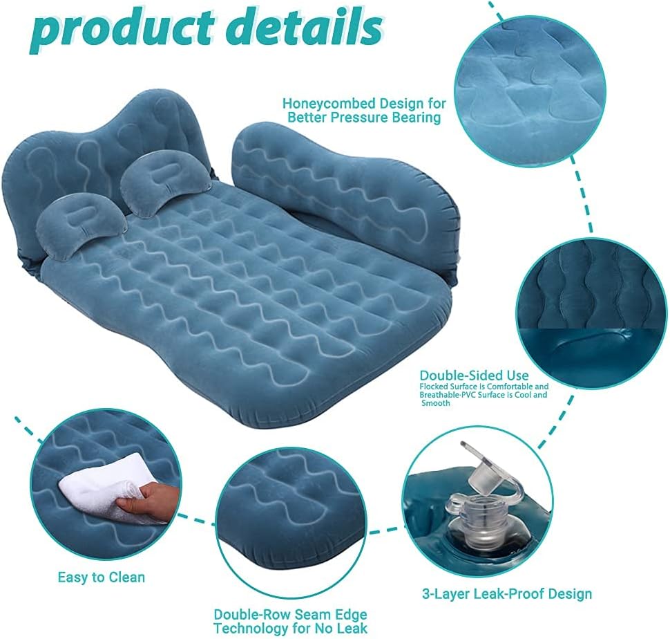 Inflatable Car Air Mattress with Pump, Pillows, Portable SUV Travel Bed for Back Seat, Universal Thickened Flocking Sleeping Pad for Truck, RV