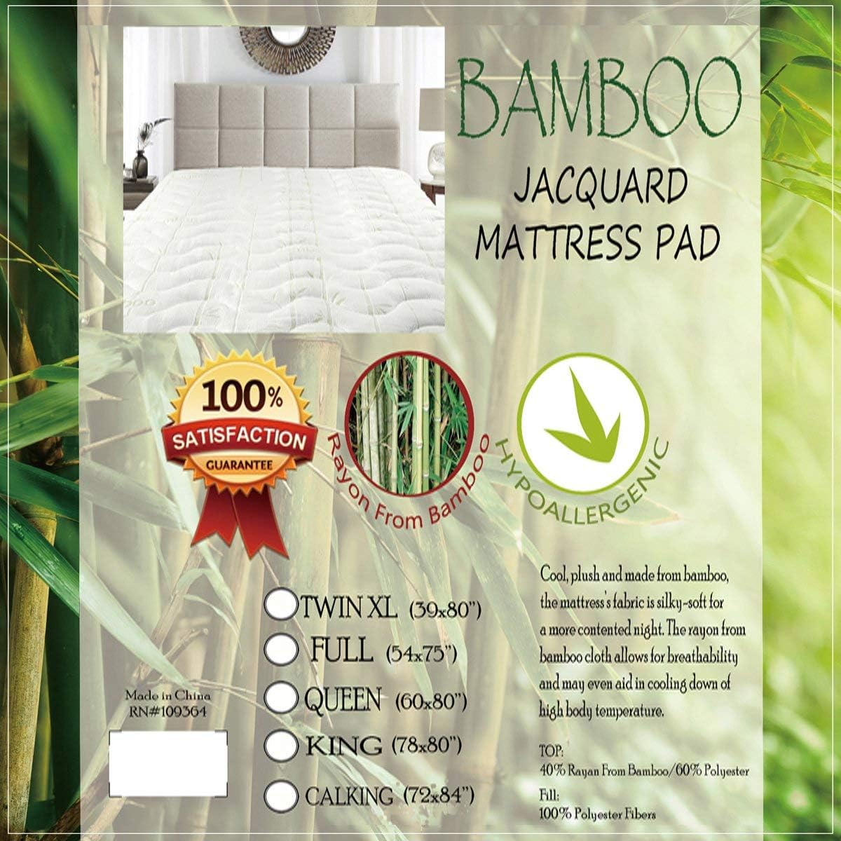 Royal Hotel Bedding Hypoallergenic Cool Bamboo Jacquard Fitted Mattress Topper California King Size Extra Plush and Soft Mattress Pad