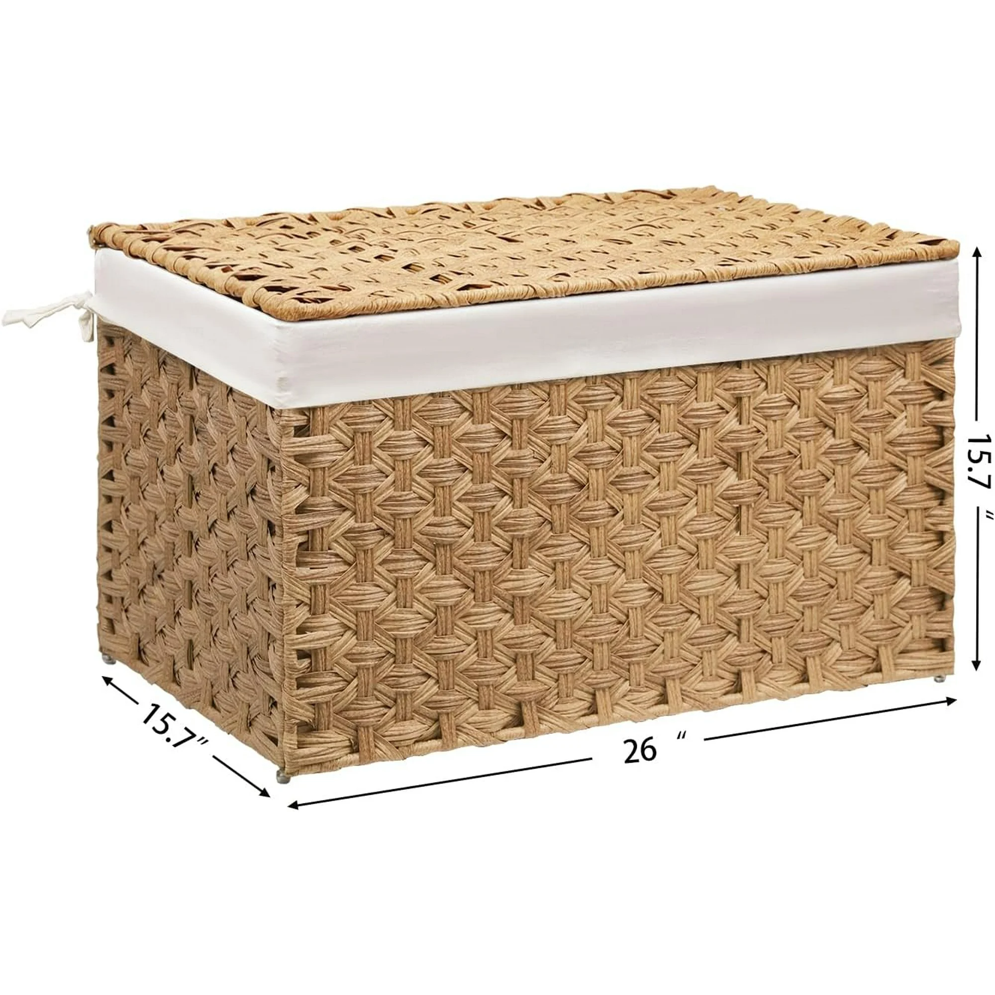 Wicker Storage Basket with Lid, 17.2 Gallon (65L) Small Blanket Basket with Lid, Woven Storage Bin with Handles, Removable Liner, Metal Frame