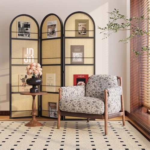 Room Divider and Folding Privacy Screens, Pine Wood 5.6 Ft Double Hinged Rattan Partition Freestanding Wall Room Divider for Home - 3 Panels