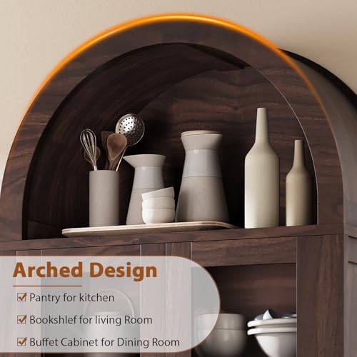 Kitchen Pantry Cabinet, Arched Bookshelf Bookcase China Pantry Storage Cabinet with Drawers Doors and Shelves