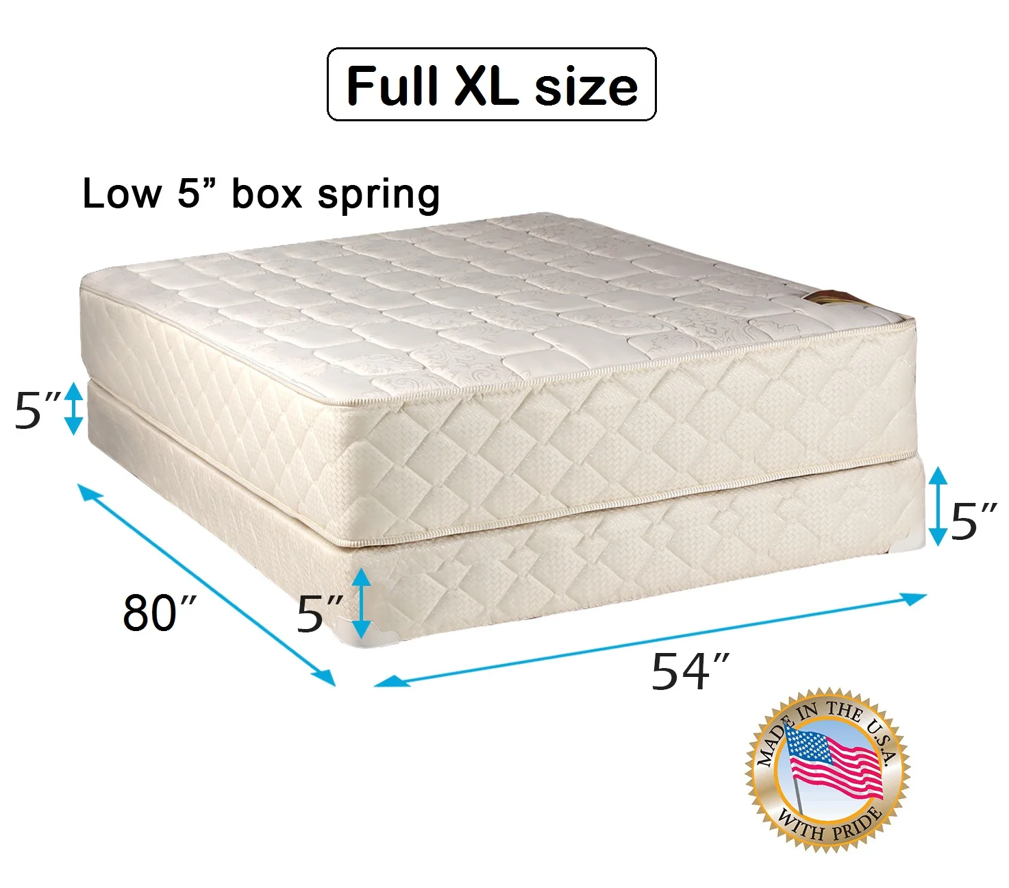 Dream Sleep Grandeur Deluxe Full XL Size Mattress and Low 5" Height Box Spring Set - Fully Assembled, Good for your back, Luxury Height