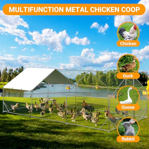 Large Metal Chicken Coop for 12-20 Chickens, Walk in Chicken Coop with Cover, Heavy Duty Poultry Cage for Chicken Run