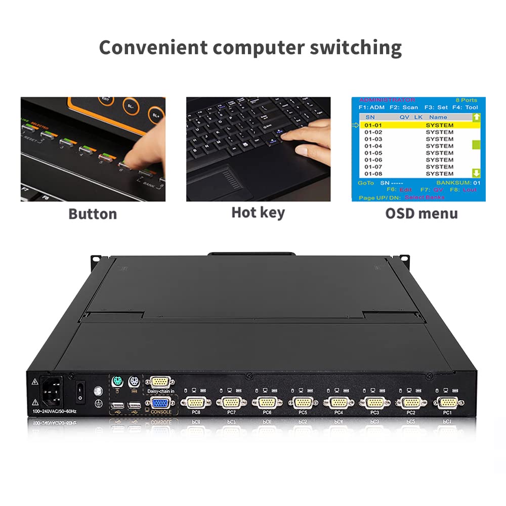 8-Port Rack Mount KVM Console with 19" LCD Monitor,Keyboard and Touchpad,VGA KVM Drawer w/Cables&Hardware