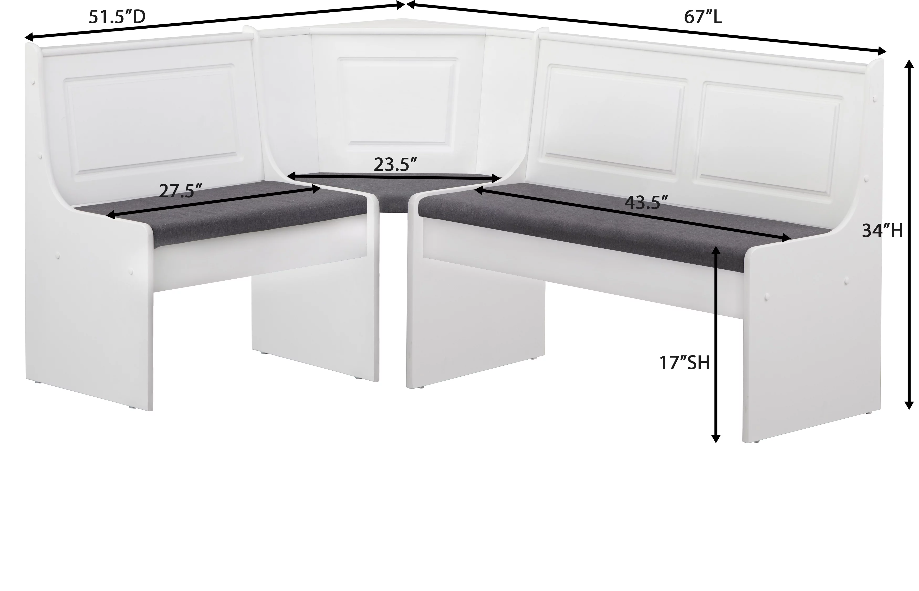 TMS Polly 3-Piece Upholstered Dining Nook Set, White Finish with Gray Upholstered Seat Cushions - Radiant Selections