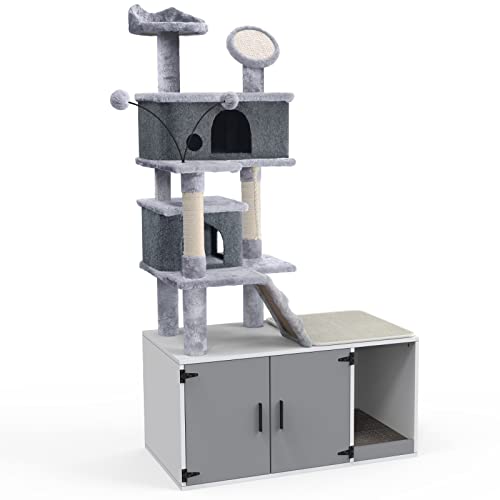 GDLF Cat Litter Box Enclosure,All-in-One Large Cat Tree with Washroom and Sisal Scratching Post & Pad 65”