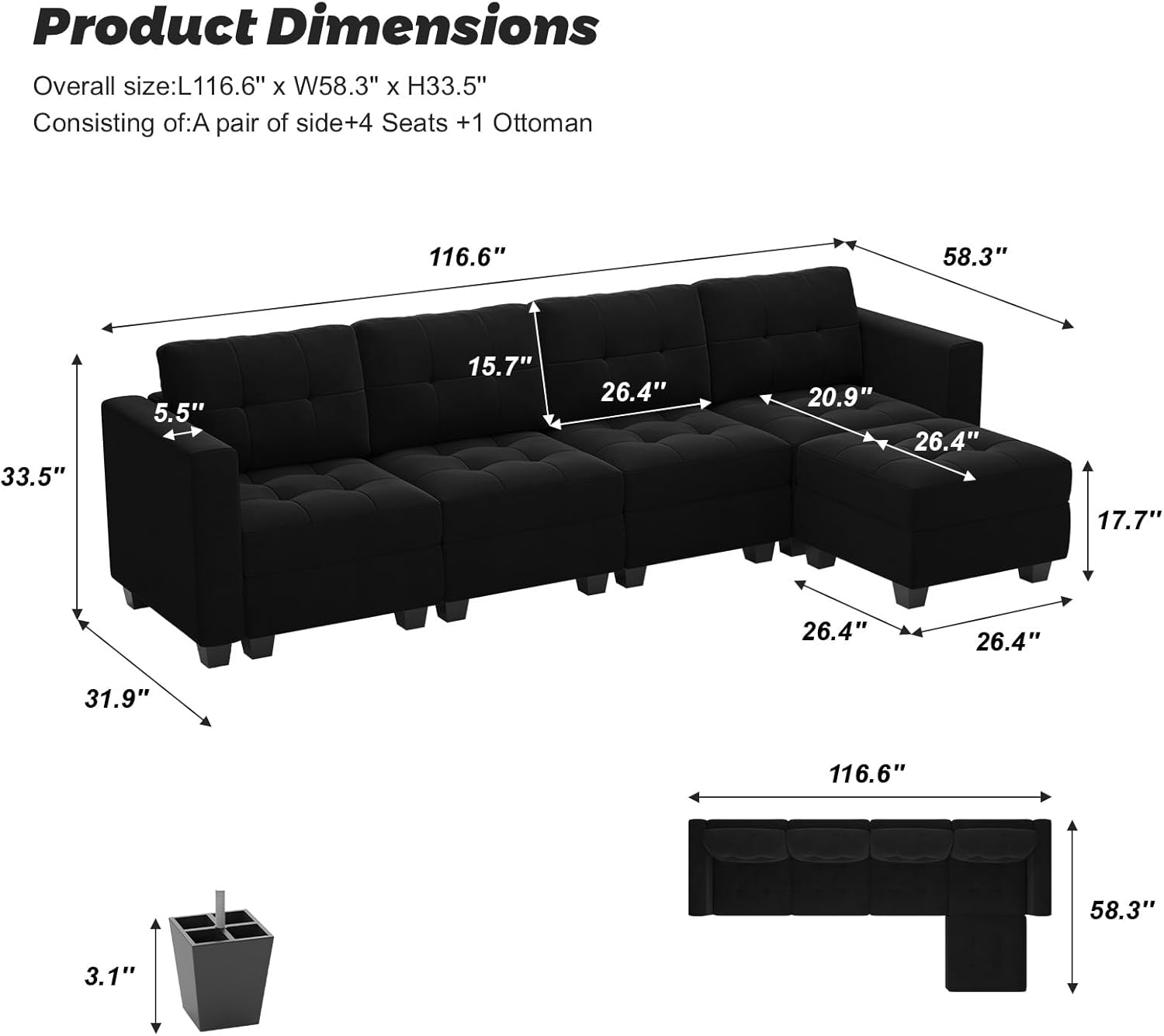 Belffin Modular Sectional Sofa Couch with Storage Seats and Ottomans, Velvet Convertible Sofa with Reversible Chaise, 5 Piece Sofa Sectionals