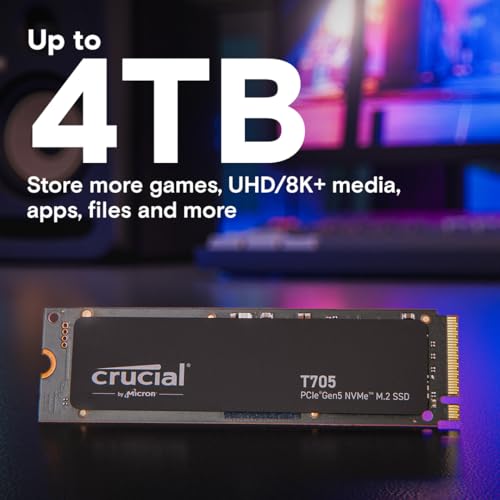 Crucial T705 2TB PCIe Gen5 NVMe M.2 SSD - Up to 14,500 MB/s - Game Ready - Internal Solid State Drive (PC) - +1mo Adobe CC - CT2000T705SSD3