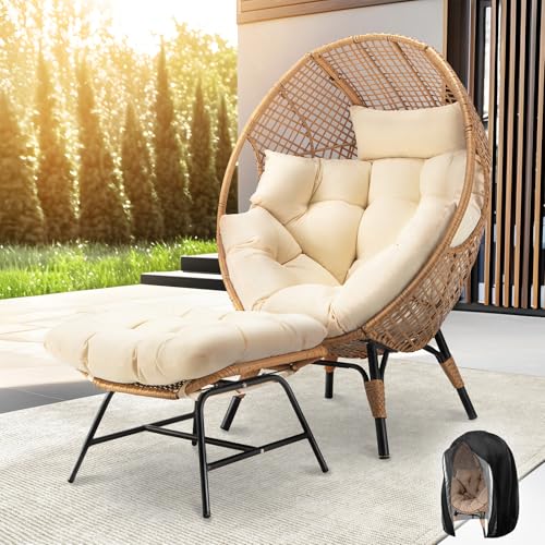 NICESOUL Egg Chair Indoor Outdoor, Large Egg Lounge Chair w/Ottoman, Oversized Comfy Cushioned Brid Cage Seat 440lbs