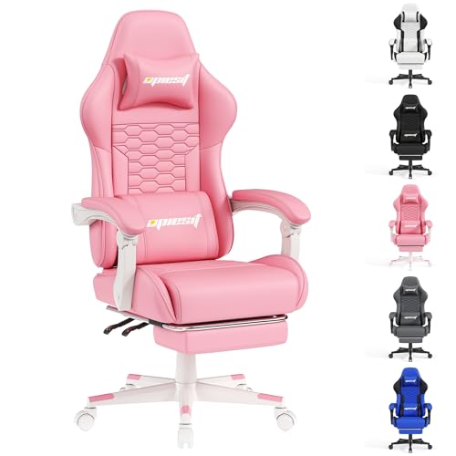Gaming Chair, Computer Office Chair with Footrest, Linkage Armrests and Lumbar Support, High Back Ergonomic Gamer Chairs for Adults, Blue Fabric